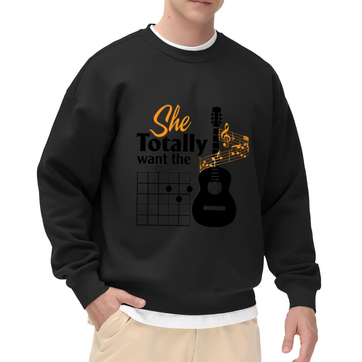 Acoustic Guitar Chord Diagram Crewneck Sweatshirt, Music Notes Treble Clef Pullover, Guitar Lover Gift