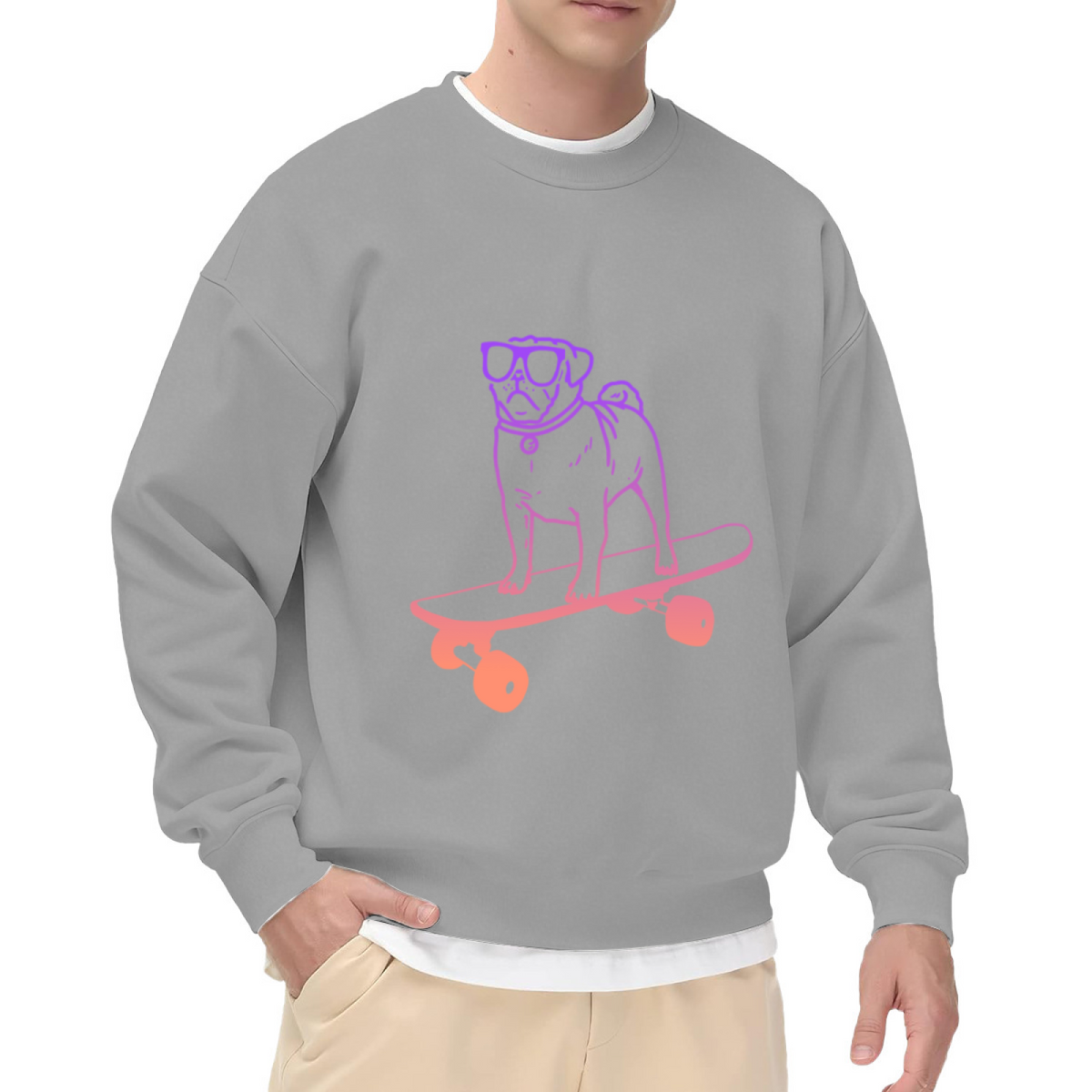 Pug On Skateboard Sunglasses Crewneck Sweatshirt | Cool Gradient Line Art Dog Pullover, Playful Skate Graphic Top, Dog Lover Gift
