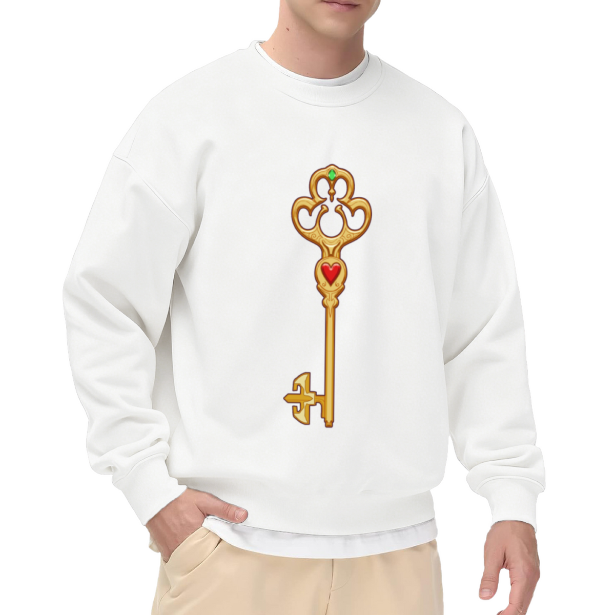 Vintage Ornate Key Sweatshirt | Golden Heart Gemstone Gothic Key Graphic Crewneck, Retro Decorative Pullover Top, Fantasy Lover Gift for Women Men