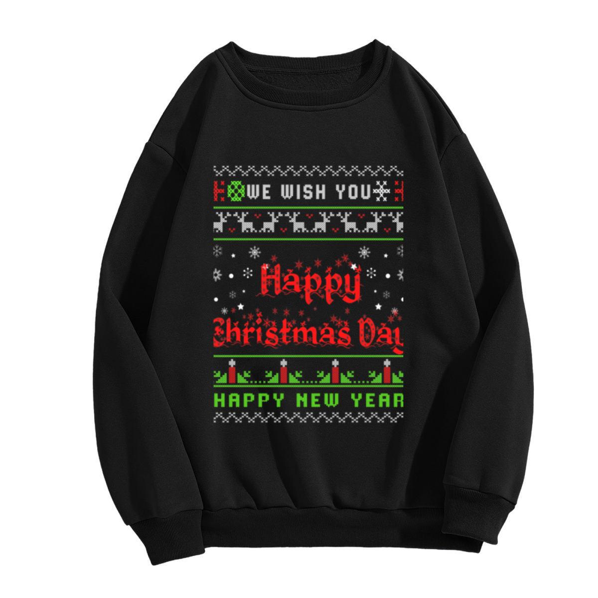Happy Christmas Day Pixel Ugly Sweater Crewneck Sweatshirt | Retro Cross-Stitch Holiday Pullover, Christmas New Year Gift