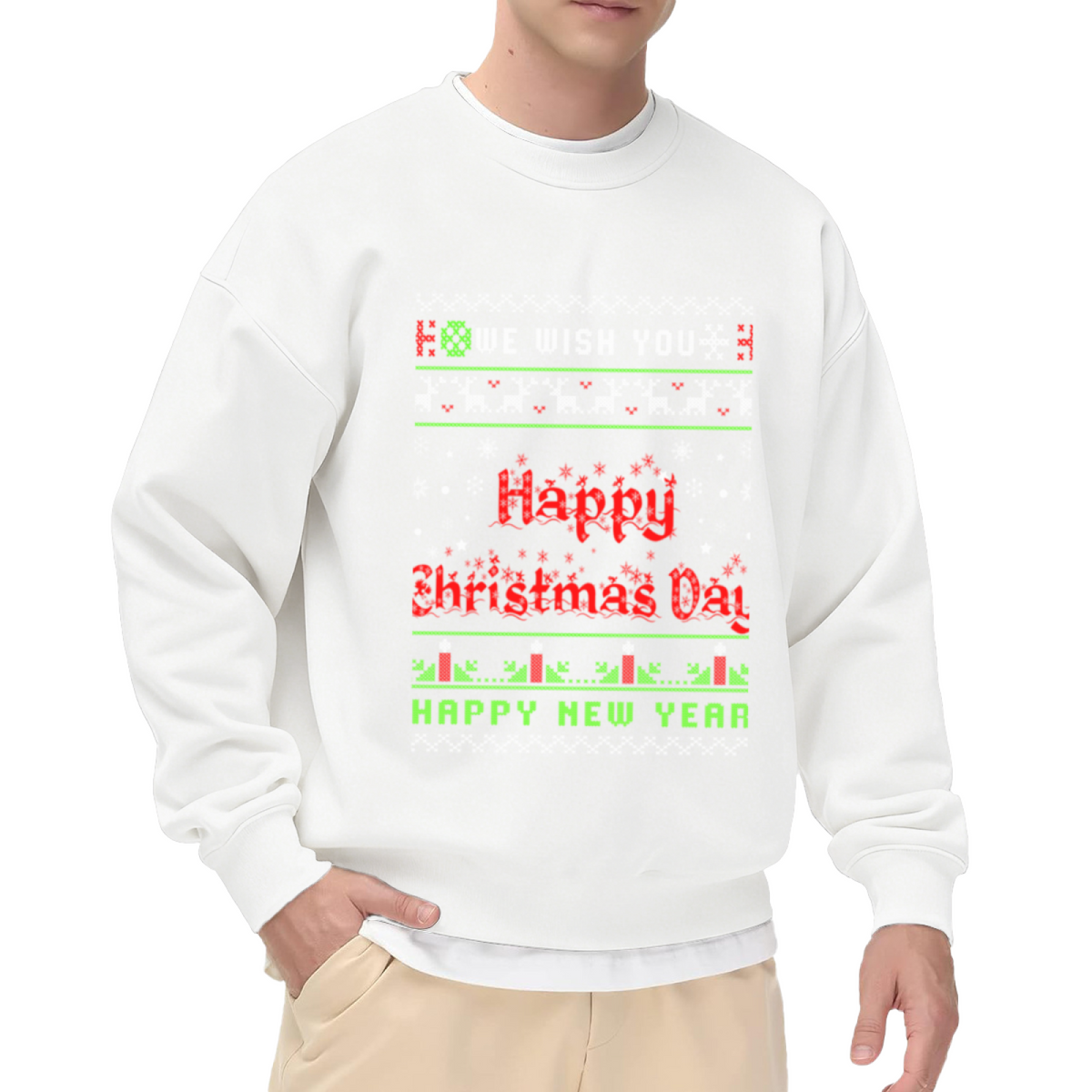 Happy Christmas Day Pixel Ugly Sweater Crewneck Sweatshirt | Retro Cross-Stitch Holiday Pullover, Christmas New Year Gift