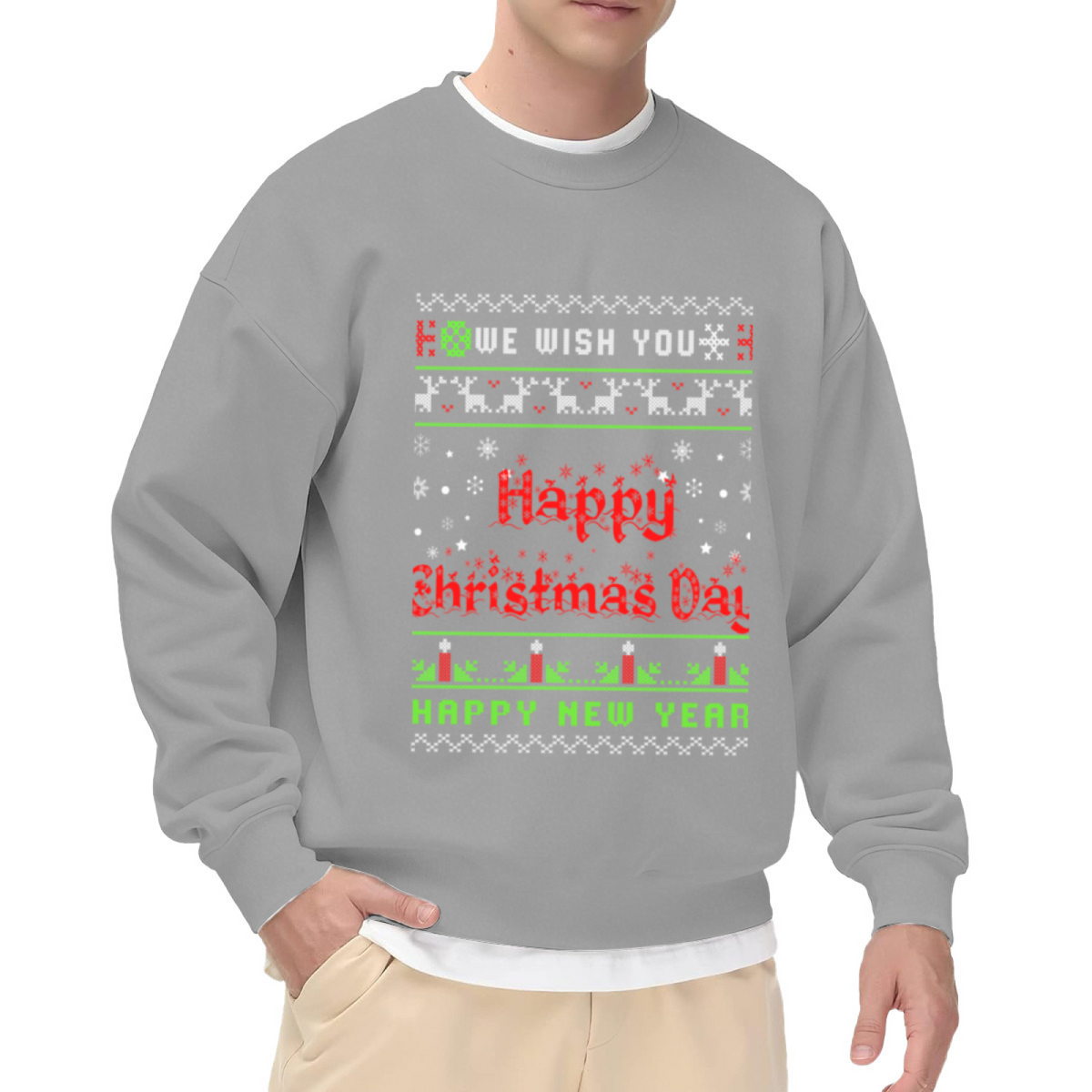 Happy Christmas Day Pixel Ugly Sweater Crewneck Sweatshirt | Retro Cross-Stitch Holiday Pullover, Christmas New Year Gift