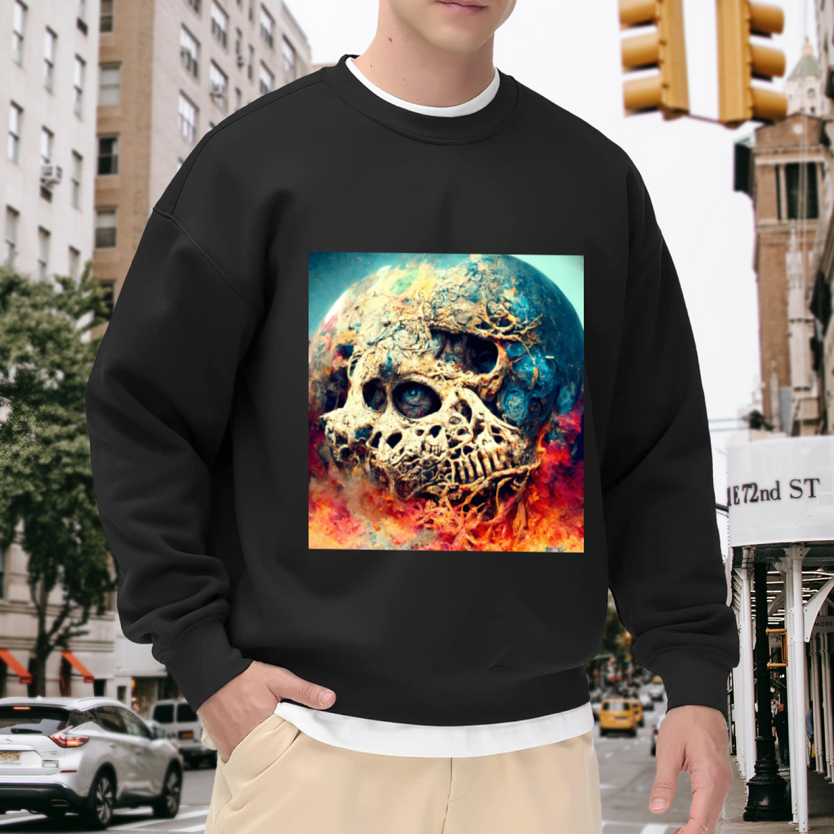 Surreal Planet Skull Crewneck Sweatshirt, Cosmic Flaming Skeleton Pullover, Halloween Gift