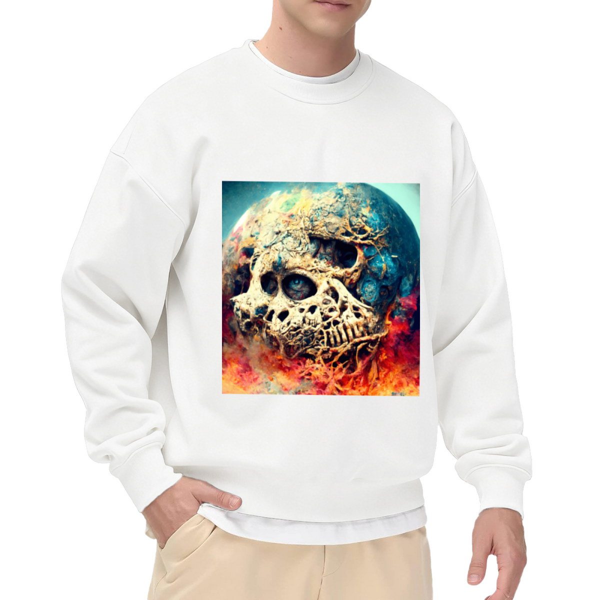 Surreal Planet Skull Crewneck Sweatshirt, Cosmic Flaming Skeleton Pullover, Halloween Gift