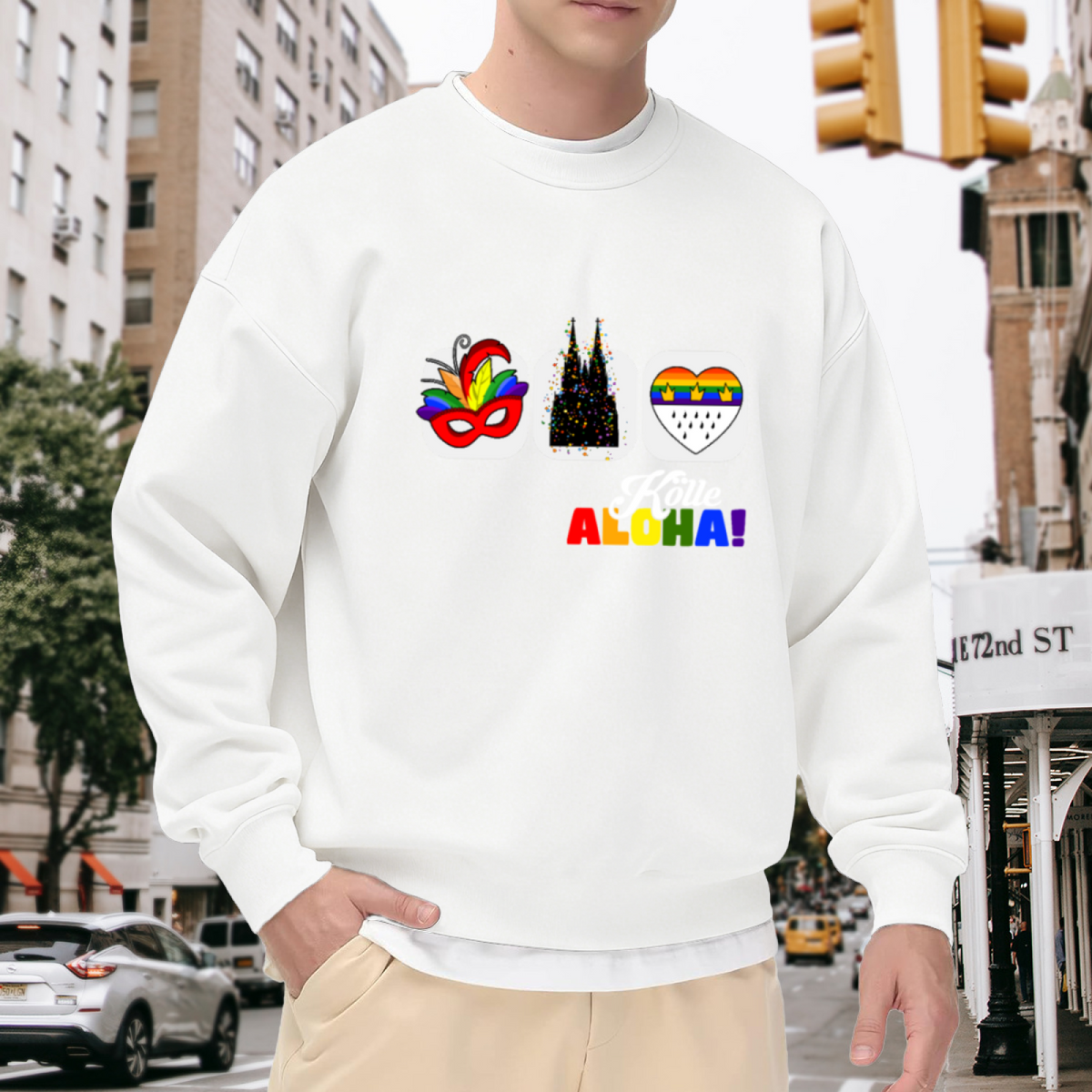 K?ln Carnival Cologne Crewneck Sweatshirt | Colorful Festival Pop Art Pullover, Rainbow Heart Cathedral Graphic Top, Pride Gift