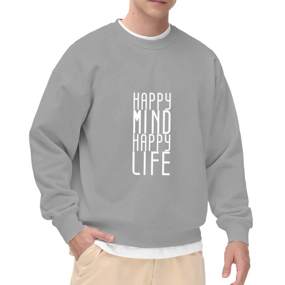 Happy Mind Happy Life Sweatshirt | Minimalist Positive Affirmation Graphic Crewneck, Inspirational Quote Pullover Top, Wellness Gift for Women Men