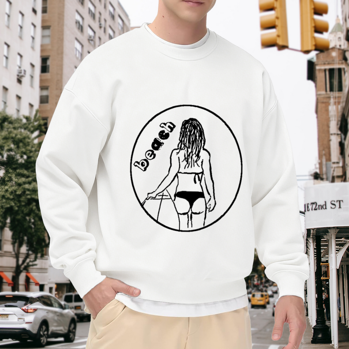 Beach Girl Line Art Crewneck Sweatshirt, Minimalist Surfboard Summer Pullover, Beach Lover Gift