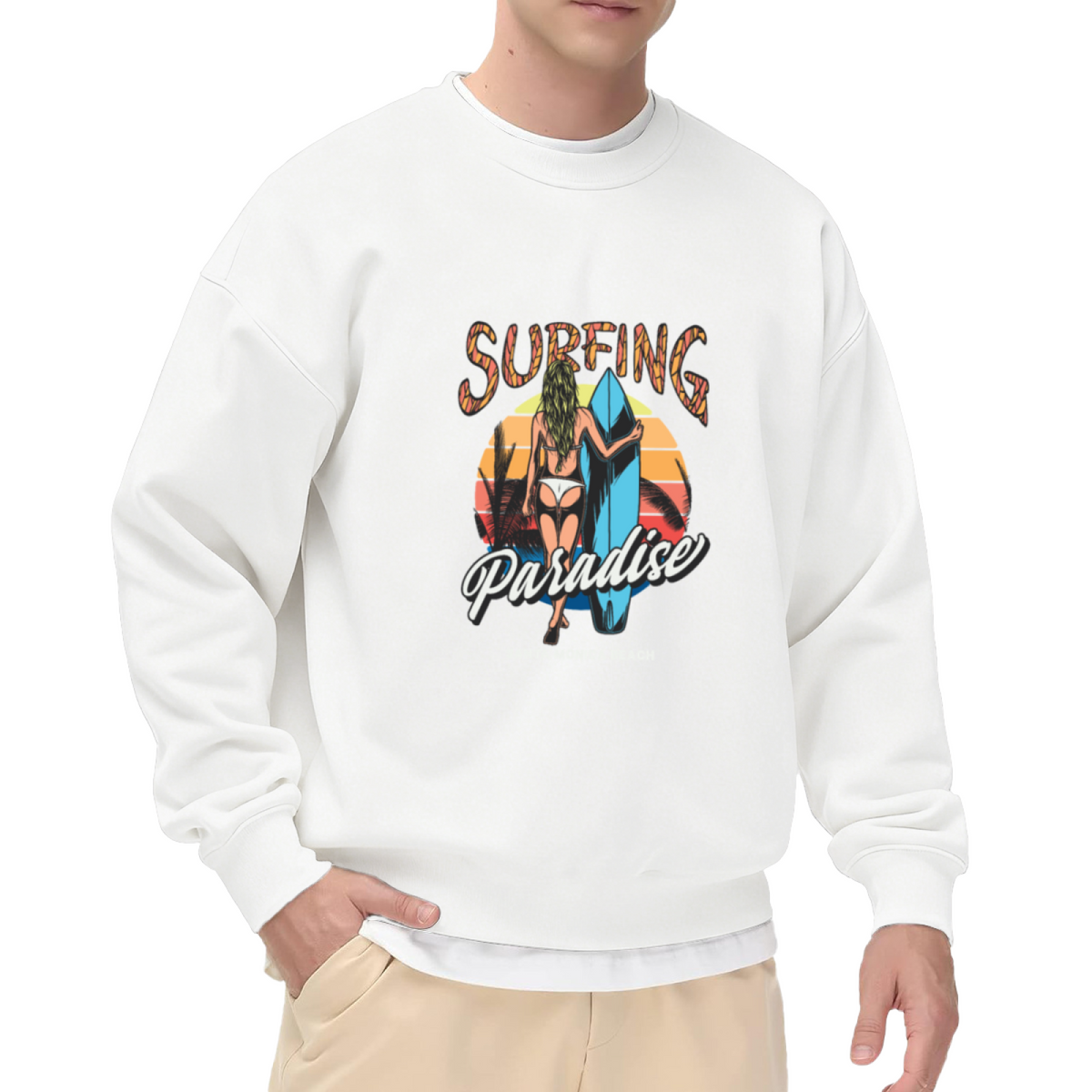Surfing Paradise Retro Surfer Girl Sunset Crewneck Sweatshirt | Vintage Beach Surfboard Graphic Pullover, Surf Lover Gift