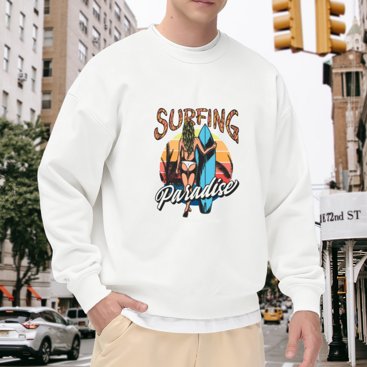 Surfing Paradise Retro Surfer Girl Sunset Crewneck Sweatshirt | Vintage Beach Surfboard Graphic Pullover, Surf Lover Gift