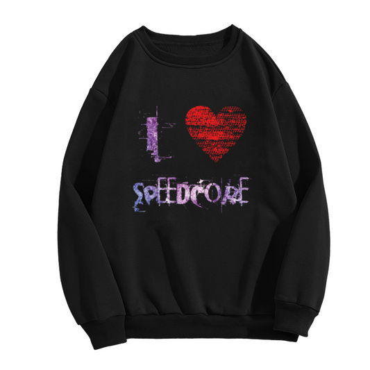 i Love Speedcore Crewneck Sweatshirt Glitch Pixel Aesthetic Music Genre Graphic Top for Electronic Music Fans