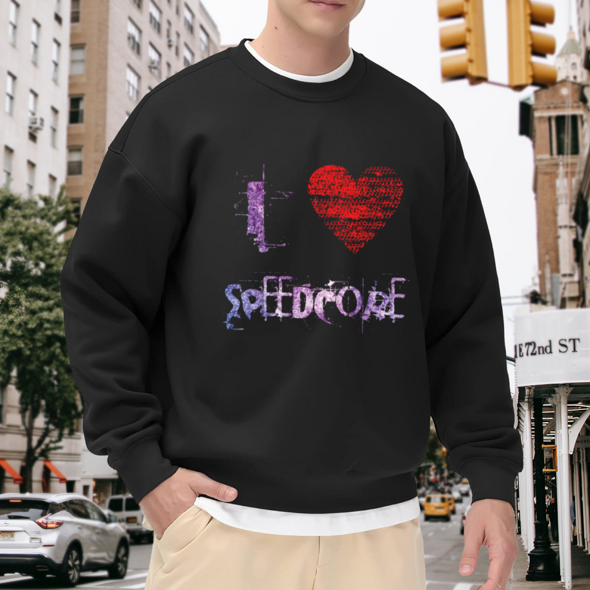 i Love Speedcore Crewneck Sweatshirt Glitch Pixel Aesthetic Music Genre Graphic Top for Electronic Music Fans