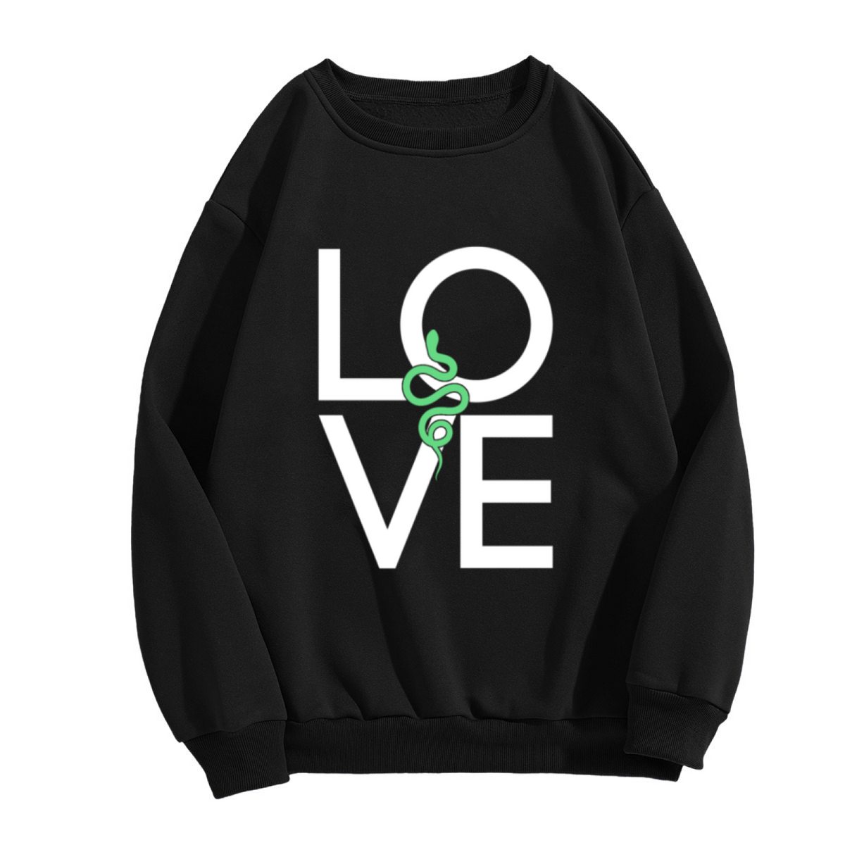 Love Snake Sweatshirt | Minimalist Letter Graphic Crewneck, Green Snake Illustration Pullover Top, Edgy Streetwear Gift for Women Men