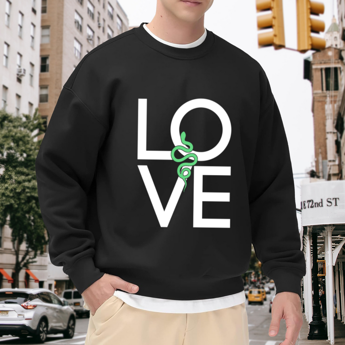 Love Snake Sweatshirt | Minimalist Letter Graphic Crewneck, Green Snake Illustration Pullover Top, Edgy Streetwear Gift for Women Men
