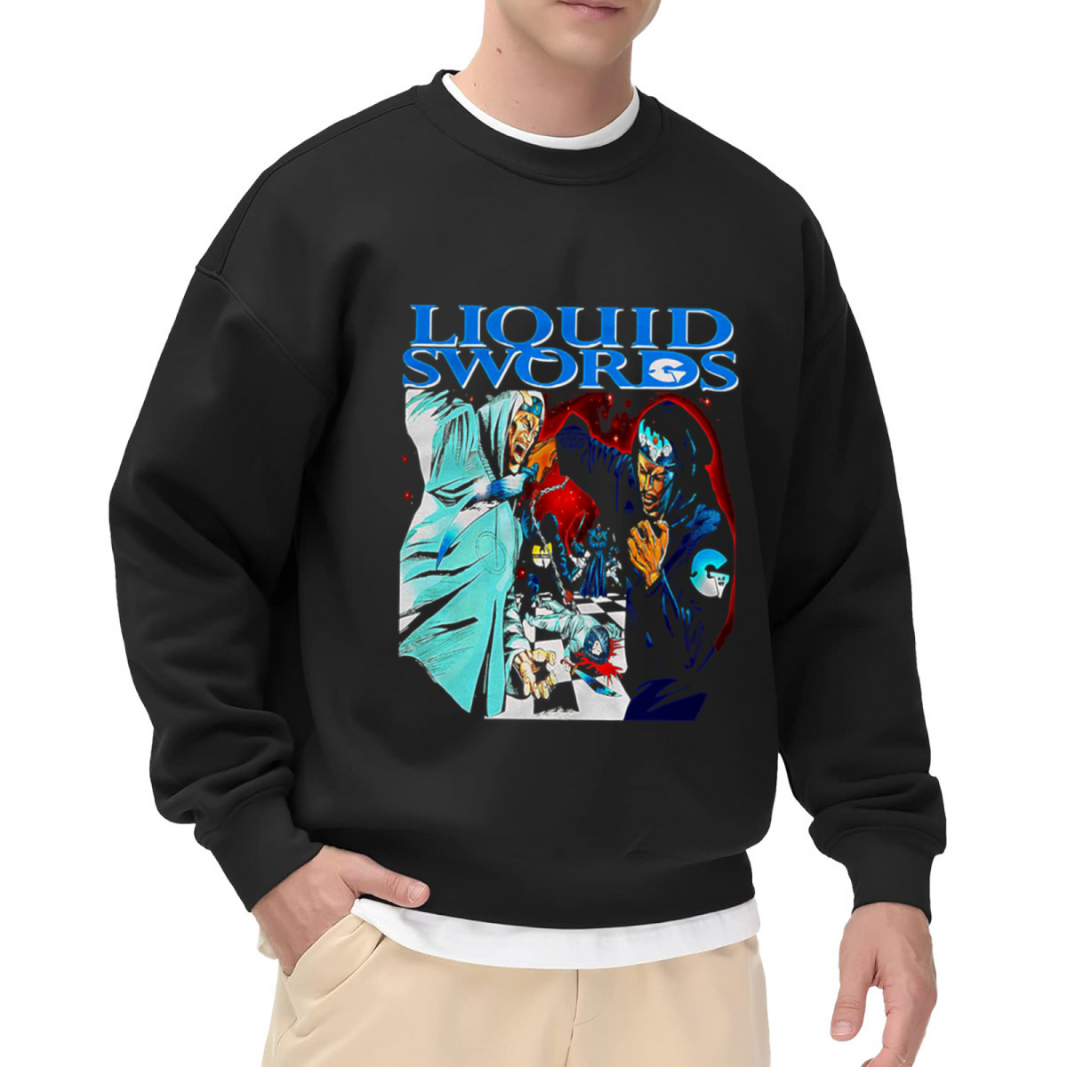 Liquid Swords Martial Arts Chess Battle Graphic Crewneck Sweatshirt | 90s Hip Hop Album Art Comic Pullover, Retro Rap Streetwear Gift
