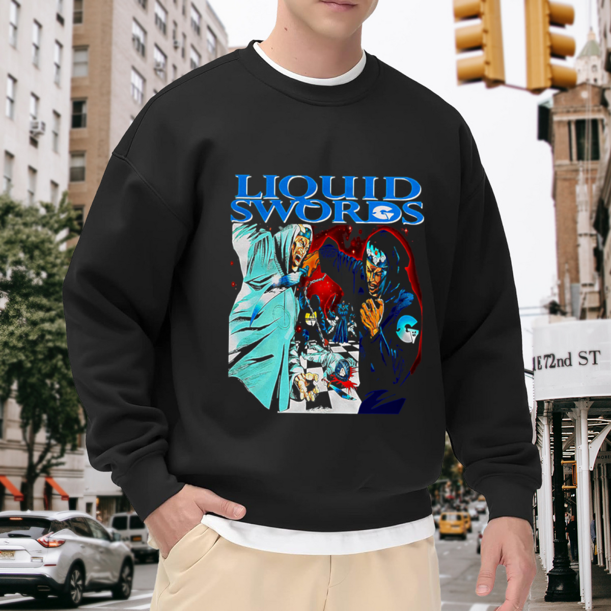 Liquid Swords Martial Arts Chess Battle Graphic Crewneck Sweatshirt | 90s Hip Hop Album Art Comic Pullover, Retro Rap Streetwear Gift