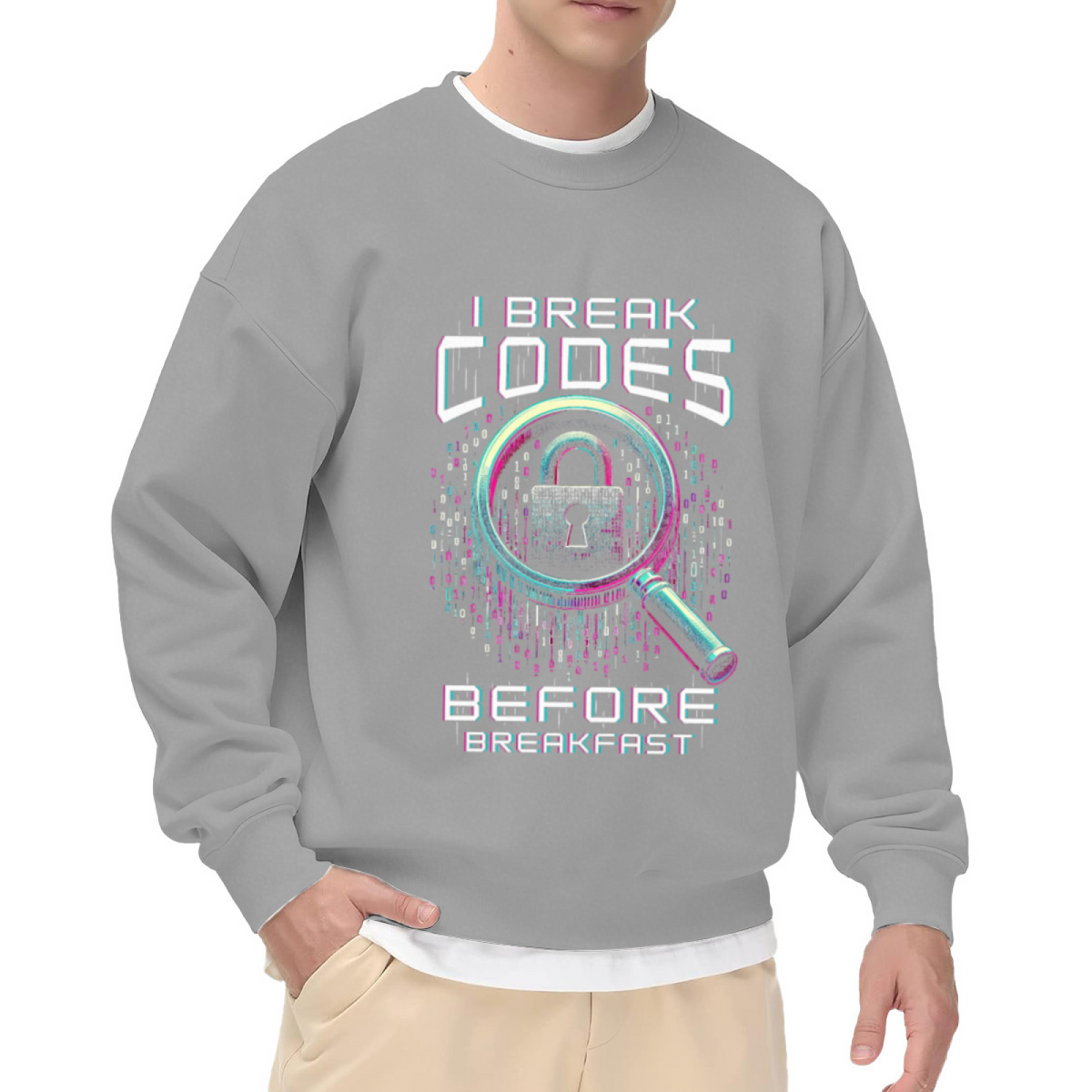 I Break Codes Before Breakfast Glitch Hacker Crewneck Sweatshirt for Programmers