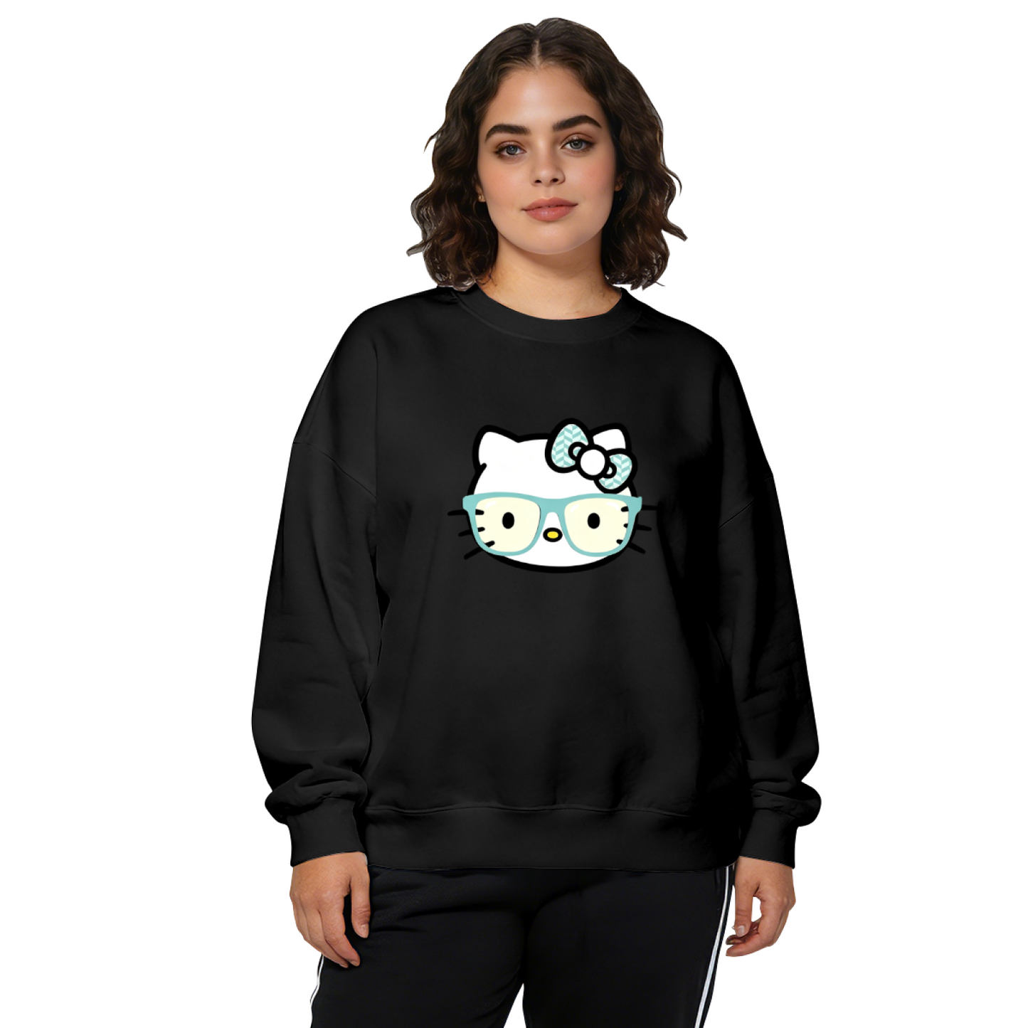 Nerdy Cute Glasses?Wearing Hello Kitty Crewneck Sweatshirt