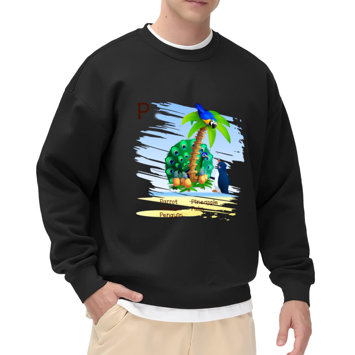 Letter P Learning Crewneck Sweatshirt - Parrot Peacock Penguin Pineapple Palm Alphabet Tee, Kids Educational Pullover