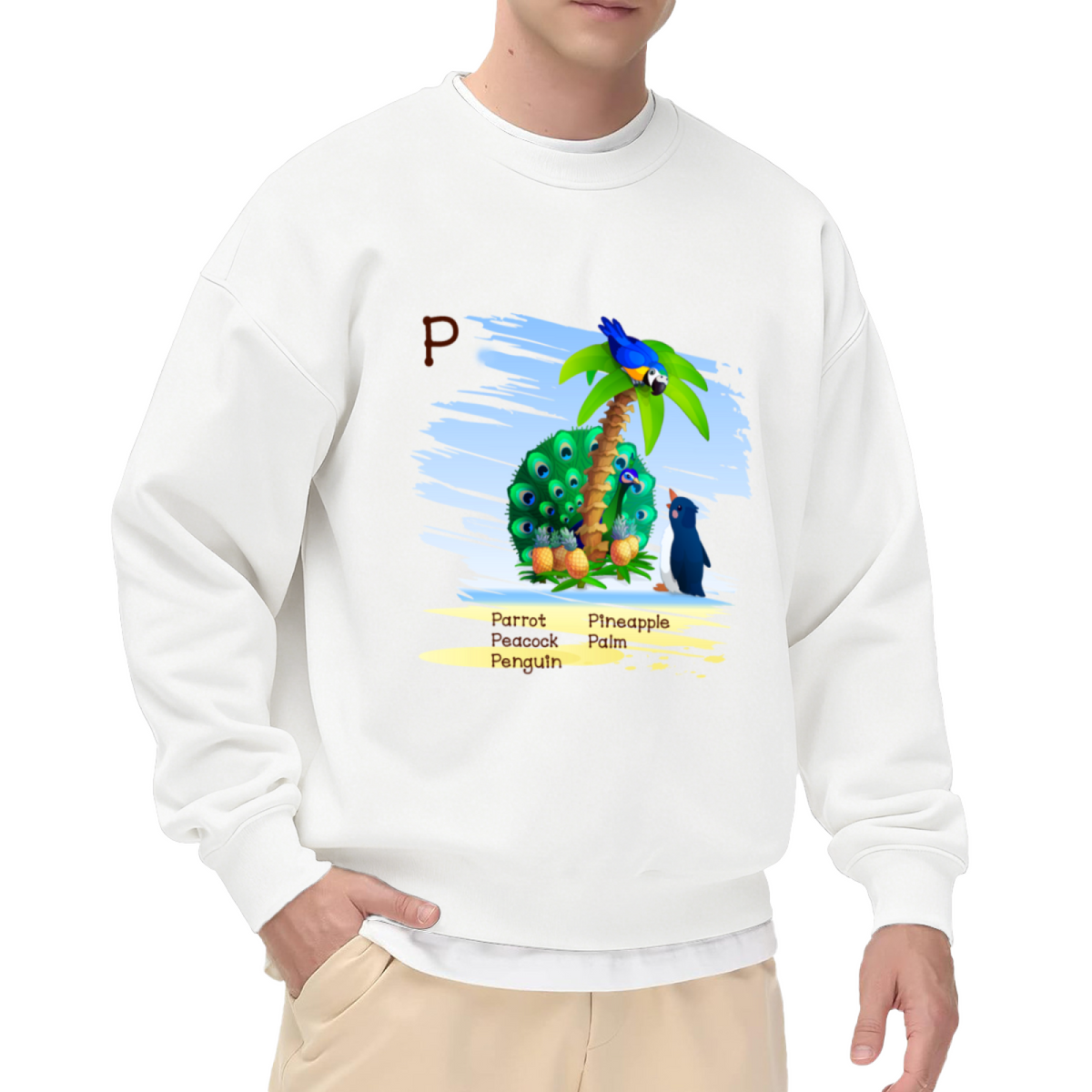 Letter P Learning Crewneck Sweatshirt - Parrot Peacock Penguin Pineapple Palm Alphabet Tee, Kids Educational Pullover