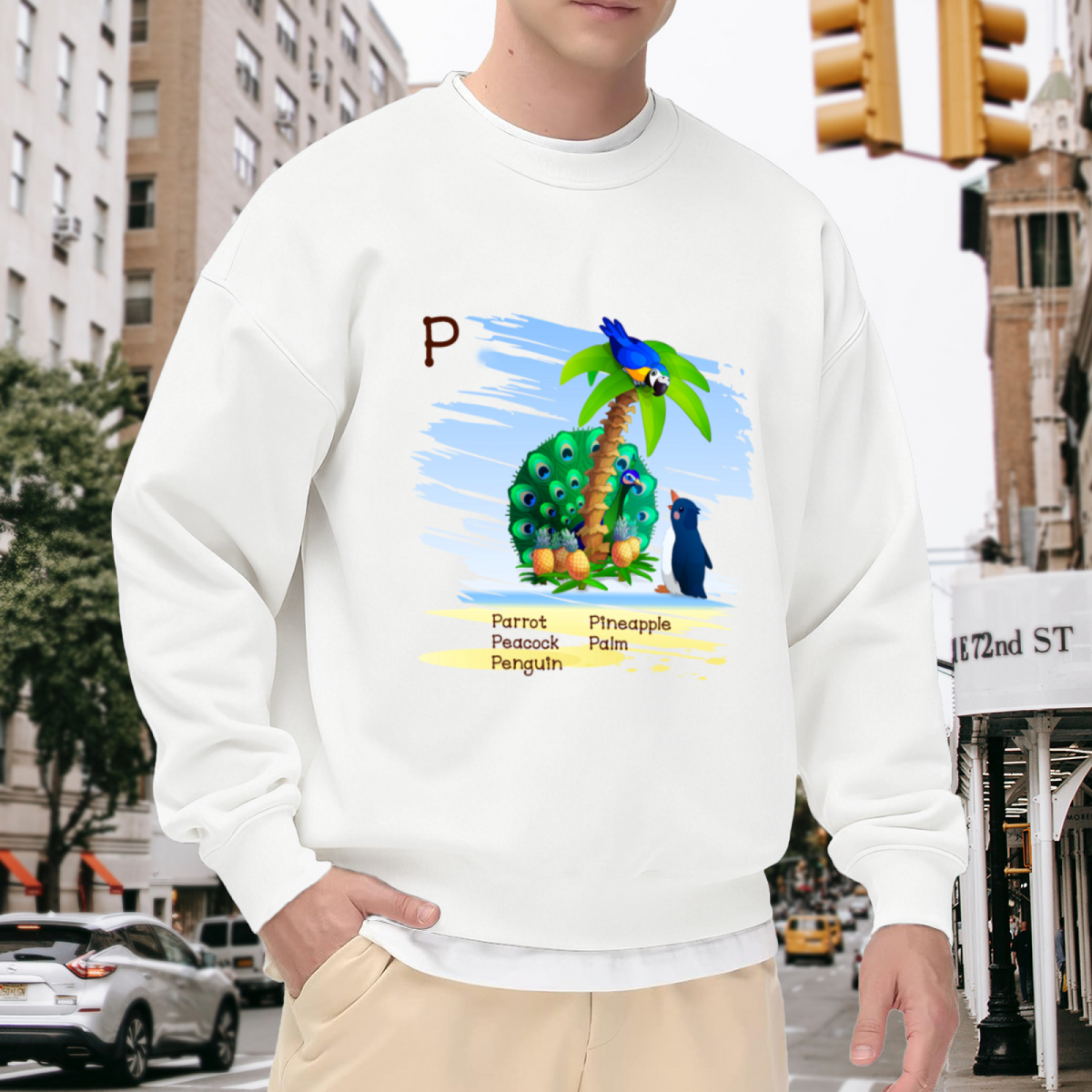 Letter P Learning Crewneck Sweatshirt - Parrot Peacock Penguin Pineapple Palm Alphabet Tee, Kids Educational Pullover