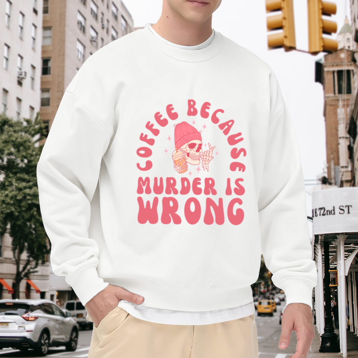 Coffee Because Murder Is Wrong Skull Crewneck Sweatshirt | Funny Coffee Lover Pullover, Cute Skull Iced Coffee Graphic Top, Caffeine Gift