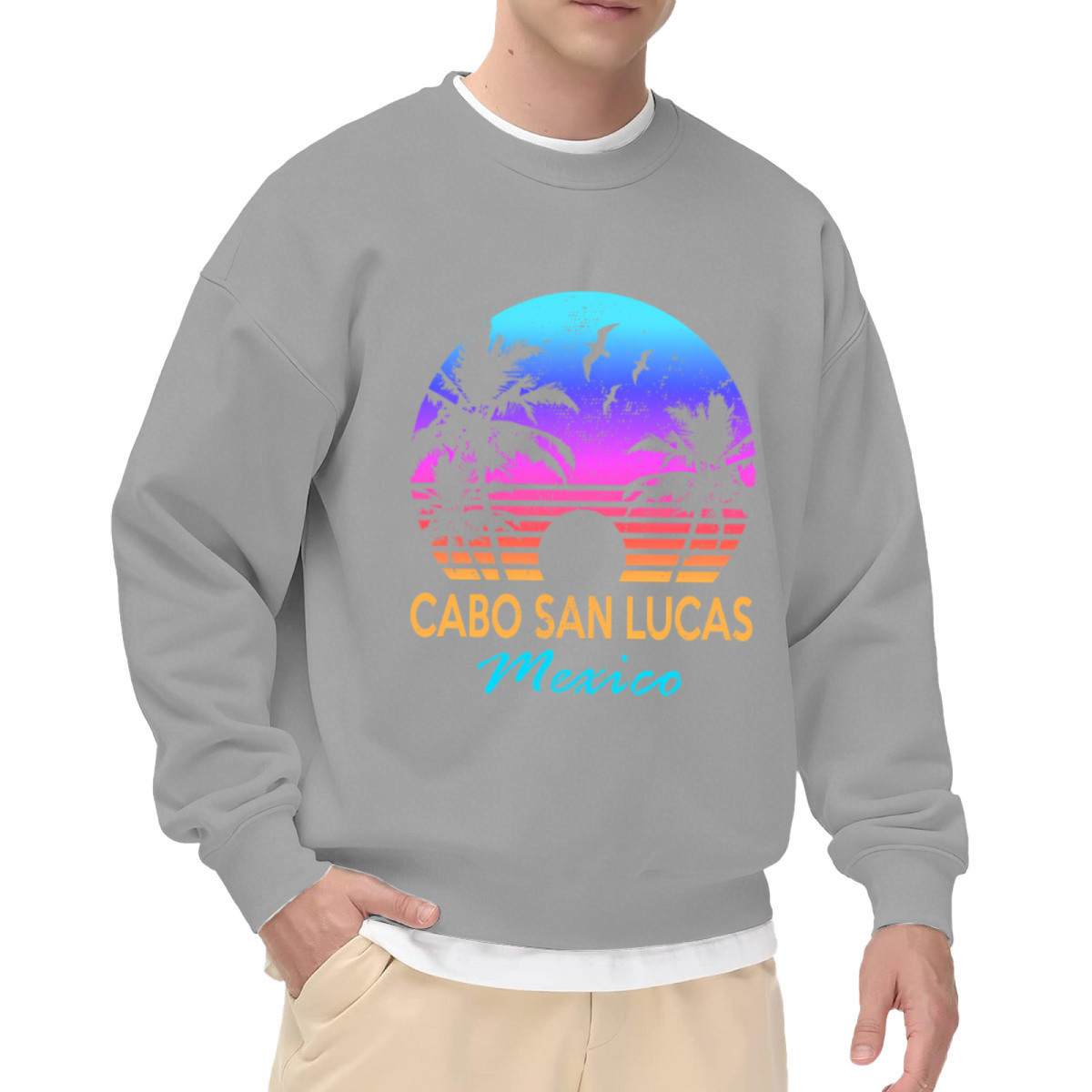 Cabo San Lucas Sunset Crewneck Sweatshirt | Retro Tropical Beach Pullover, Palm Tree Gradient Graphic Top, Vacation Gift