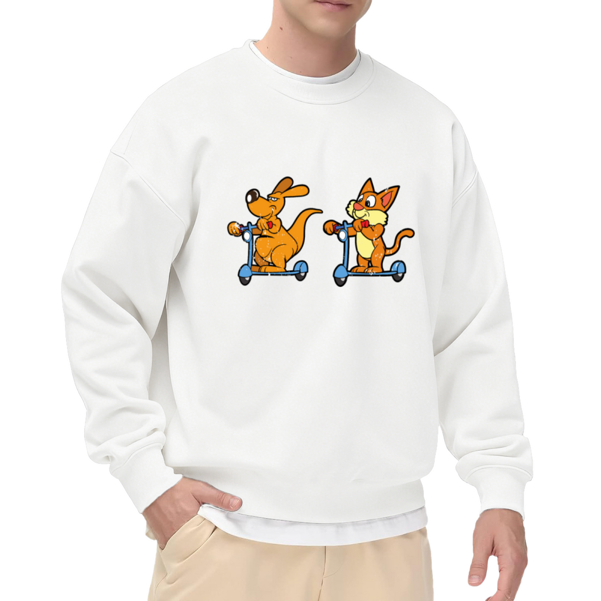 Dog And Cat On Scooters Crewneck Sweatshirt | Cute Cartoon Pet Graphic Pullover, Playful Animal Streetwear Top, Pet Lover Gift