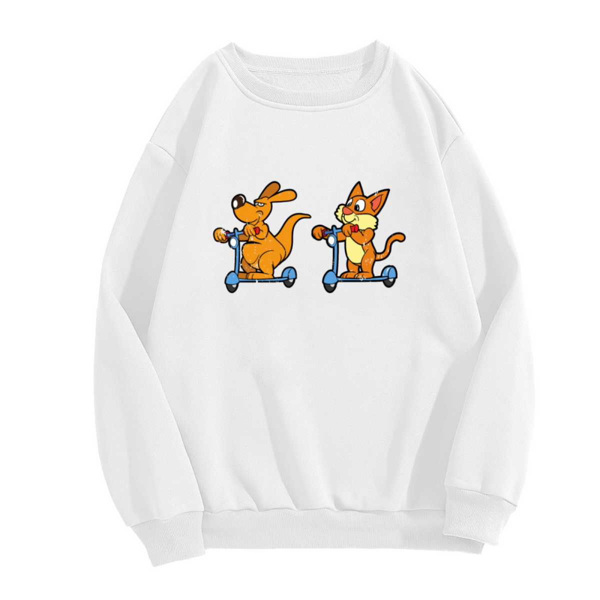 Dog And Cat On Scooters Crewneck Sweatshirt | Cute Cartoon Pet Graphic Pullover, Playful Animal Streetwear Top, Pet Lover Gift