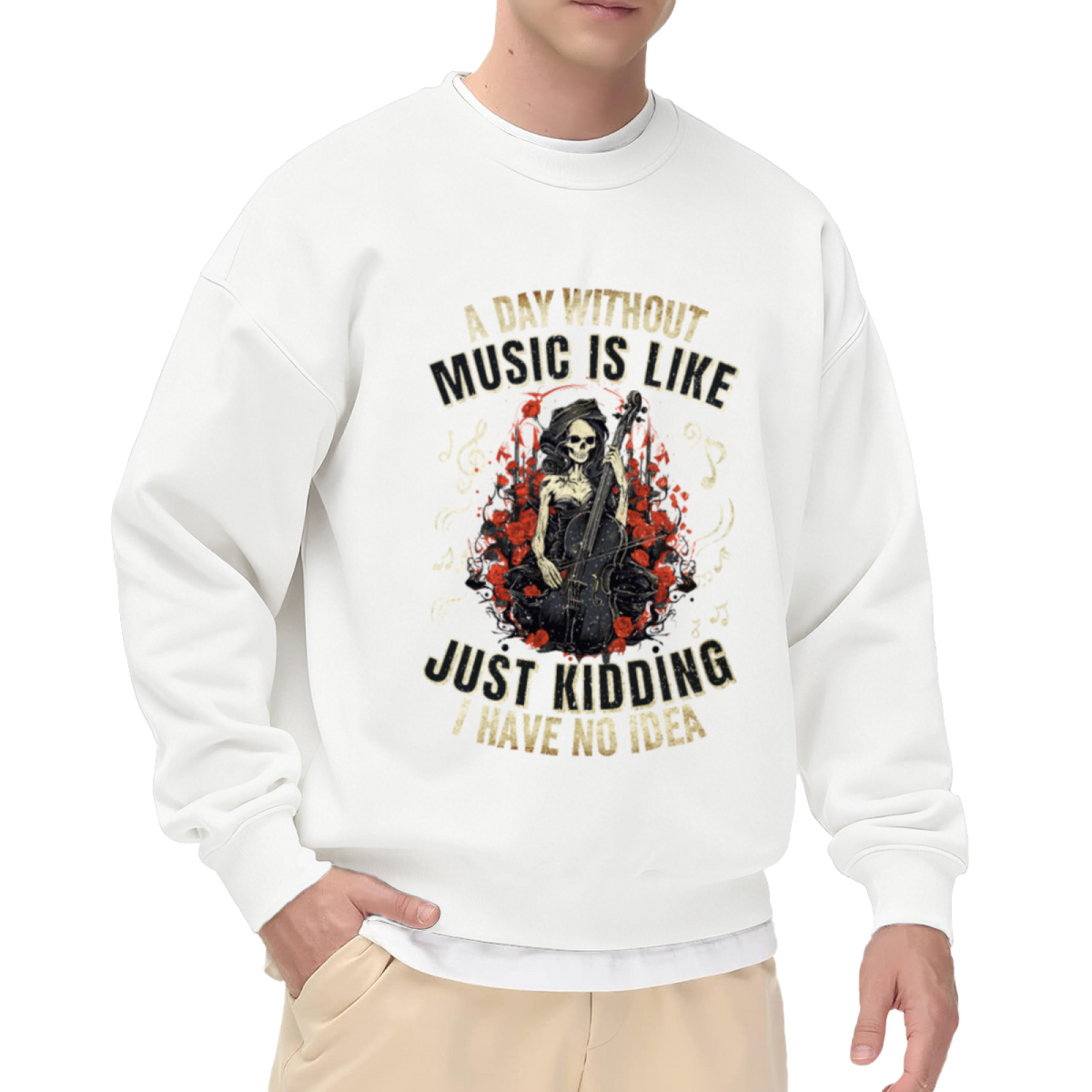 A Day Without Music Gothic Skeleton Cellist Crewneck Sweatshirt | Dark Humor Roses Music Graphic Pullover, Musician Gift