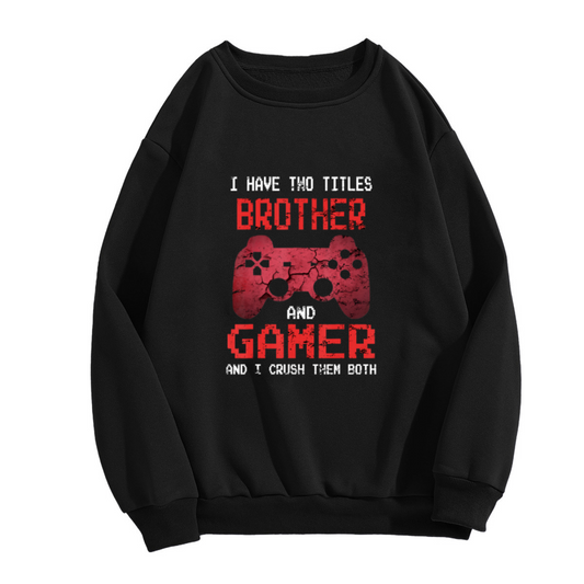 Brother And Gamer Controller Crewneck Sweatshirt | Funny Gamer Brother Pullover, Cracked Game Controller Graphic Top, Gaming Gift