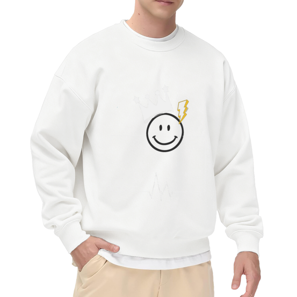 Smiley Crown Lightning Bolt Crewneck Sweatshirt | Minimalist Streetwear Heartbeat Graphic Pullover, Cool Casual Top