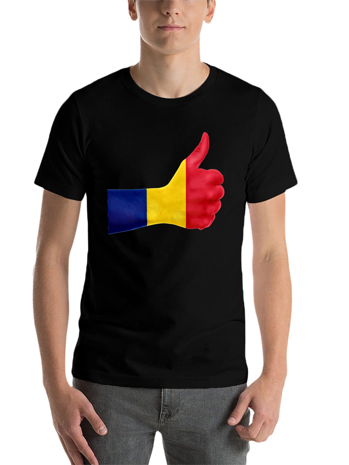 Romania Flag Thumbs Up Black T-Shirt