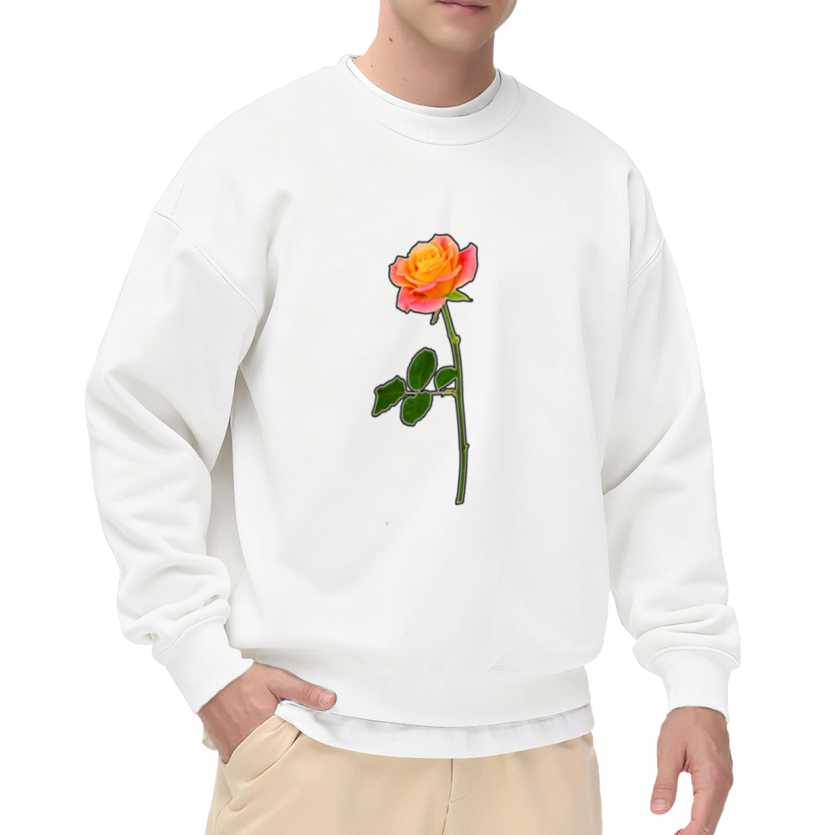 Single Rose Stem Sweatshirt | Hand-Drawn Botanical Floral Graphic Crewneck, Minimalist Flower Pullover Top, Rose Lover Gift for Women