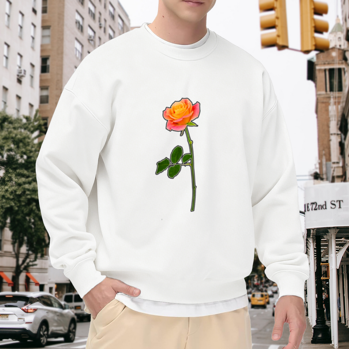 Single Rose Stem Sweatshirt | Hand-Drawn Botanical Floral Graphic Crewneck, Minimalist Flower Pullover Top, Rose Lover Gift for Women