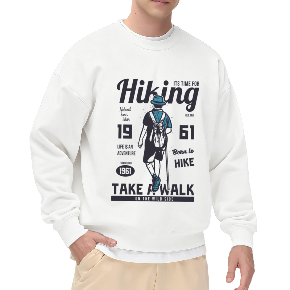 Born To Hike Sweatshirt | Vintage Hiker With Backpack Graphic Crewneck, Life Is An Adventure Pullover Top, Outdoor Camping Gift for Men Women