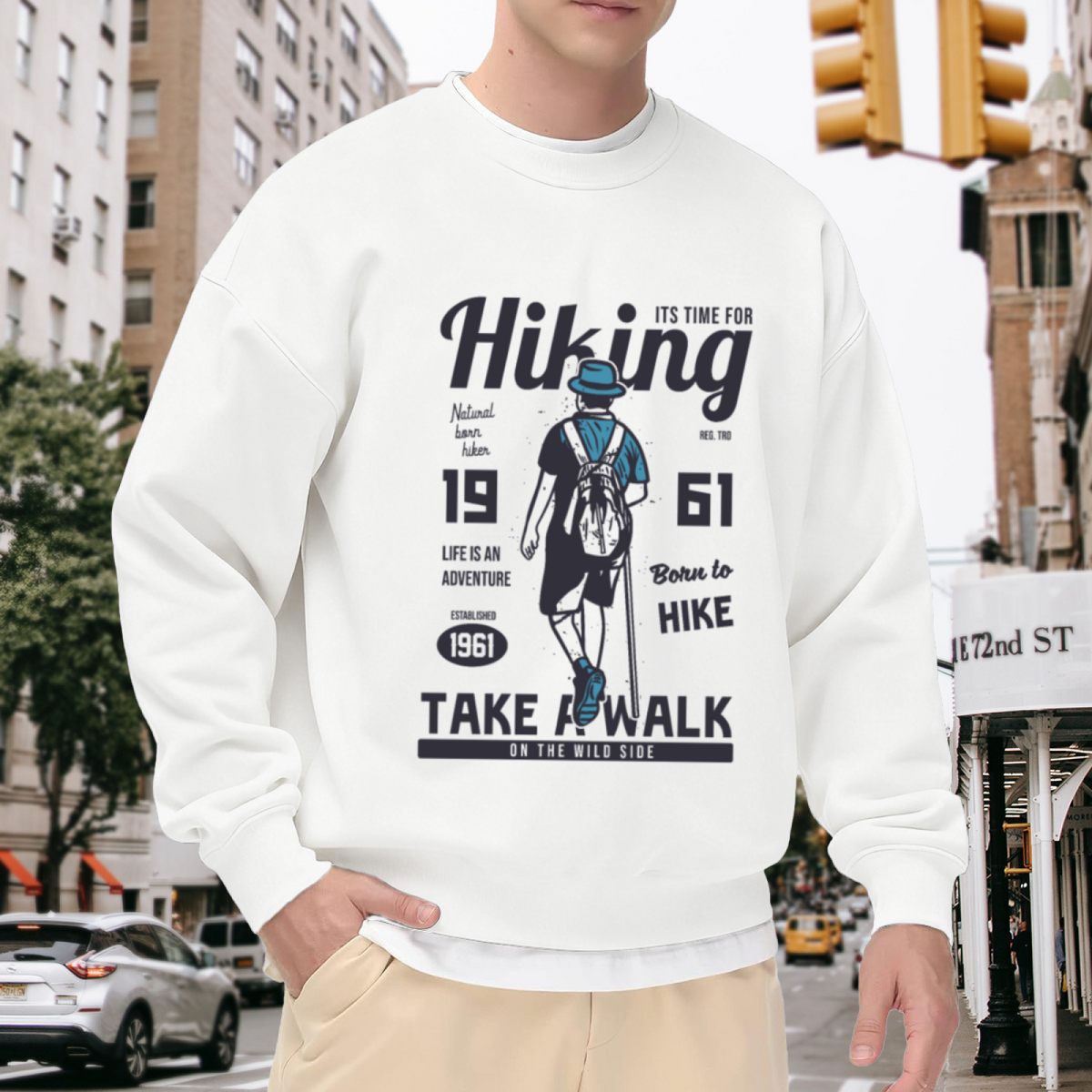 Born To Hike Sweatshirt | Vintage Hiker With Backpack Graphic Crewneck, Life Is An Adventure Pullover Top, Outdoor Camping Gift for Men Women