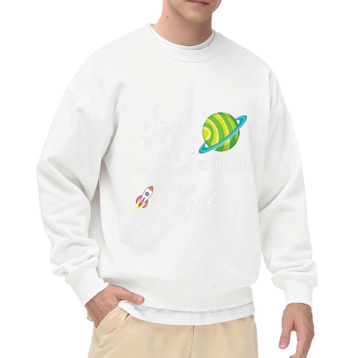 I Love You To The Saturn And Back Sweatshirt | Cute Cartoon Space Graphic Crewneck, Rocket Planet Pullover Top, Romantic Gift for Couples