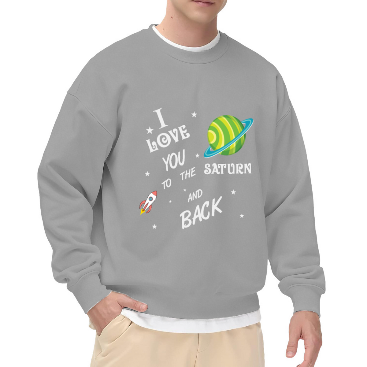 I Love You To The Saturn And Back Sweatshirt | Cute Cartoon Space Graphic Crewneck, Rocket Planet Pullover Top, Romantic Gift for Couples
