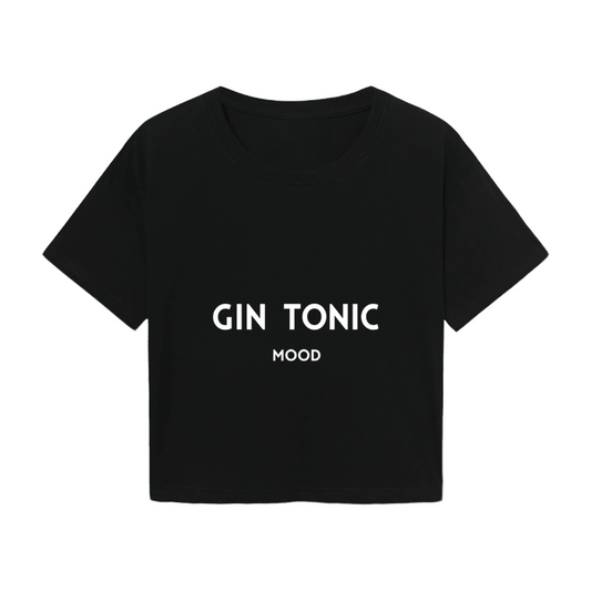 Minimalist Black Crop T-Shirt Printed With GIN TONIC MOOD Lettering