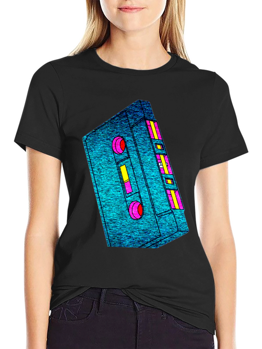 Retro Cassette Tape Graphic Tee - Black Cotton T-Shirt