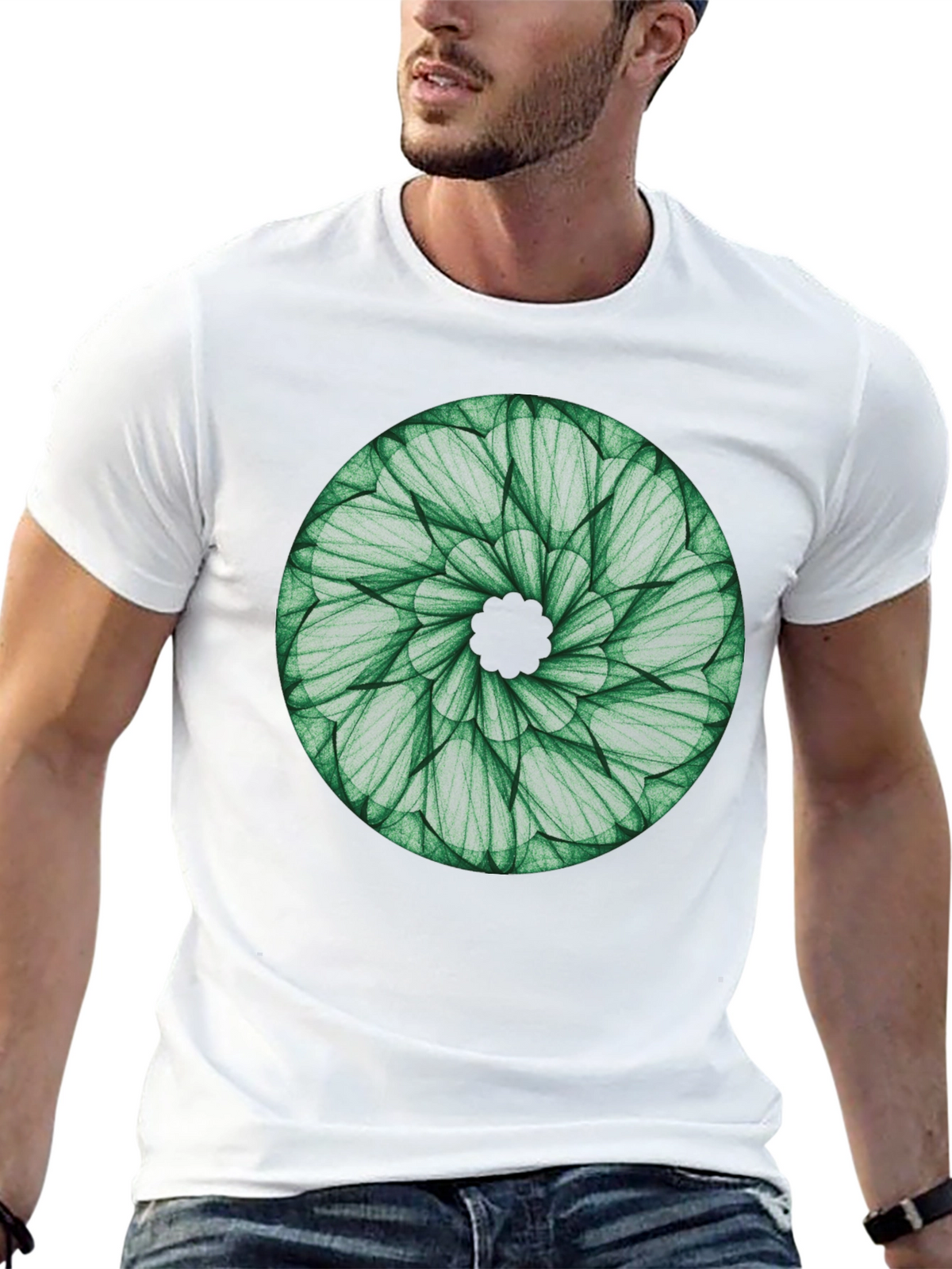 Green Leaf Mandala T-Shirt - Nature Inspired Design