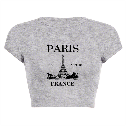 Retro Paris Eiffel Tower Grey Crop Tee ¨C Vintage Travel Aesthetic Top