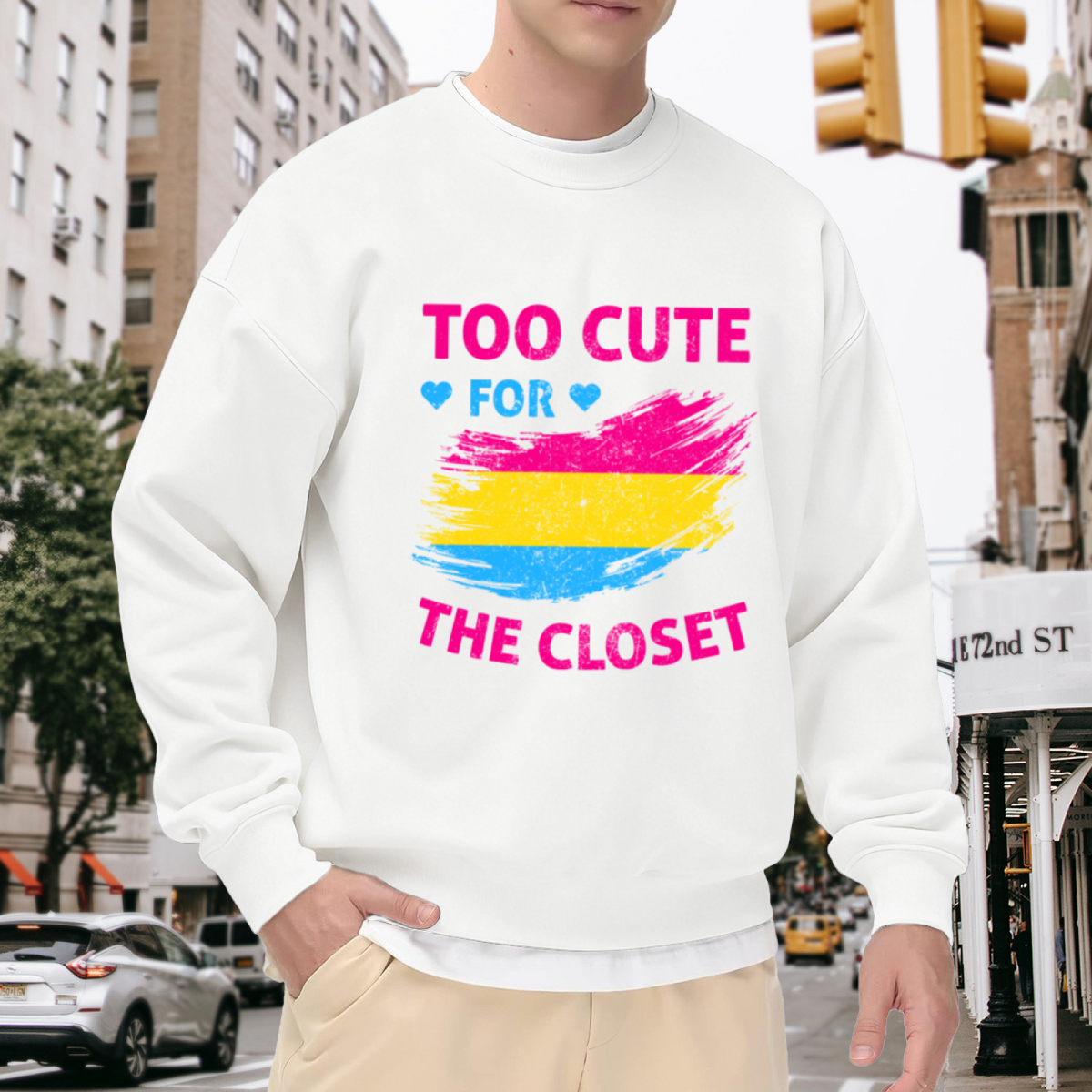 Too Cute For The Closet Pansexual Pride Crewneck Sweatshirt, Brushstroke Flag Pullover, LGBTQ Gift