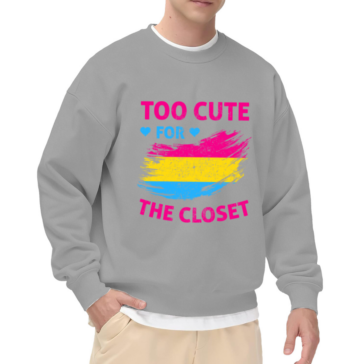 Too Cute For The Closet Pansexual Pride Crewneck Sweatshirt, Brushstroke Flag Pullover, LGBTQ Gift