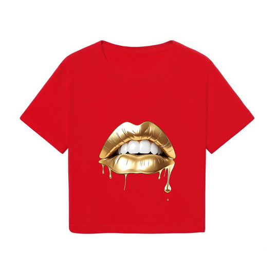 Dripping Metallic Gold Lips Eye-Catching Red Crop Top