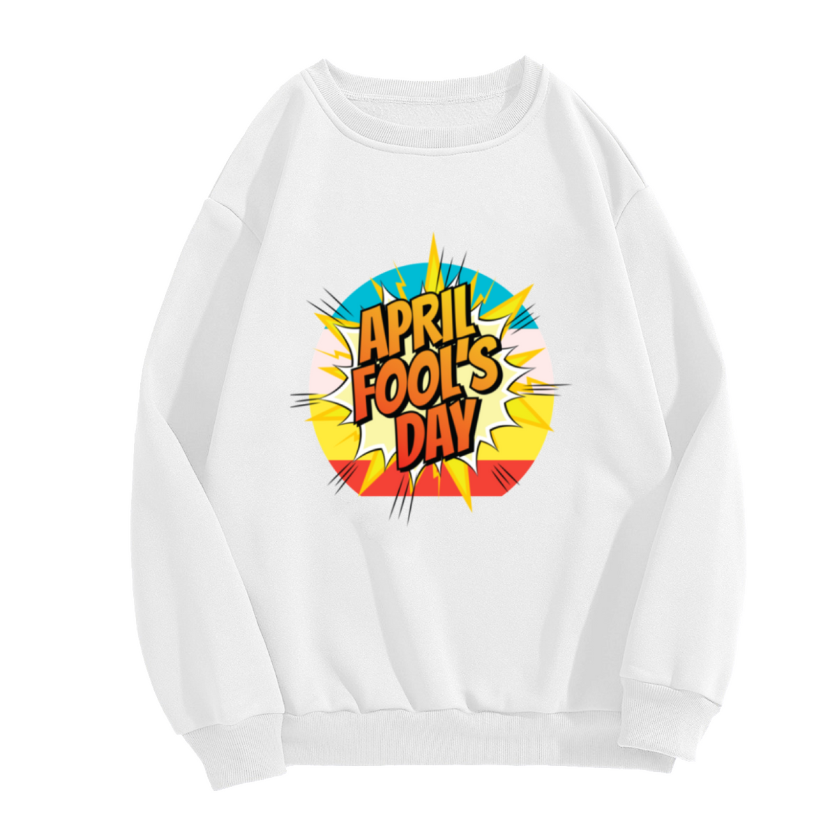 April Fools Day Sweatshirt | Pop Art Comic Explosion Graphic Crewneck, Retro Cartoon Pullover Top, Prank Day Gift for Men Women