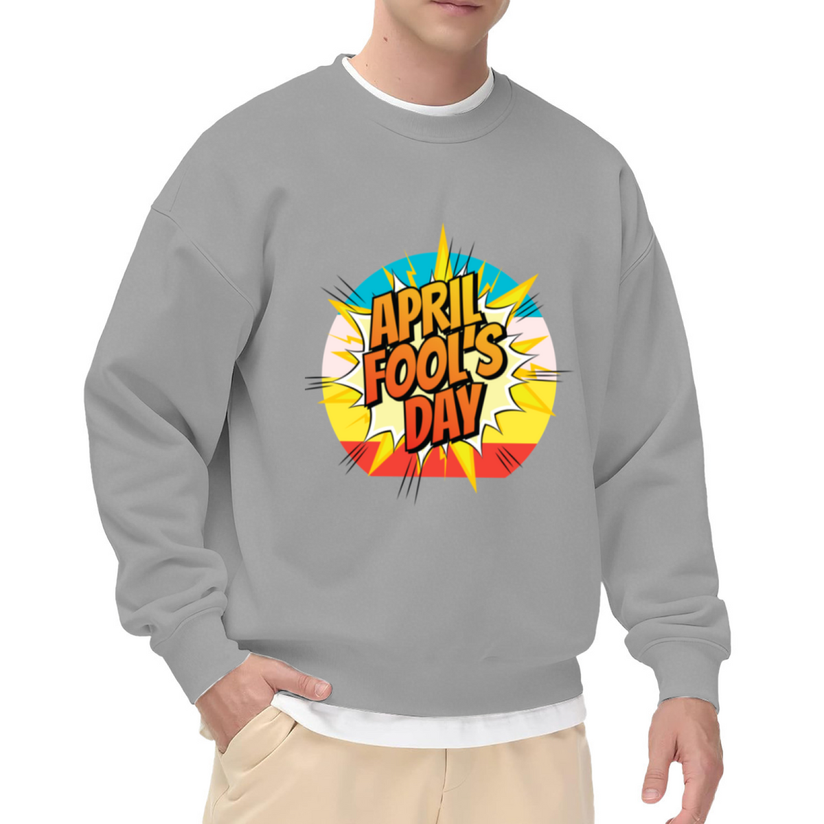 April Fools Day Sweatshirt | Pop Art Comic Explosion Graphic Crewneck, Retro Cartoon Pullover Top, Prank Day Gift for Men Women