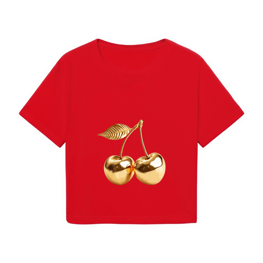 Red Cropped Tee Decorated With Golden Cherry Pattern