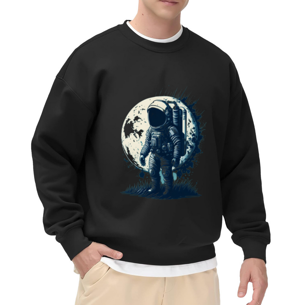 Astronaut On The Moon Crewneck Sweatshirt - Vintage Space Explorer Graphic Pullover, Retro Cosmonaut Illustration, Space Lover Gift