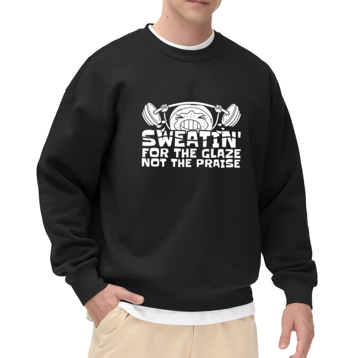 Sweatin' For The Glaze Not The Praise Funny Cartoon Donut Lifting Weights Gym Humor Crewneck Sweatshirt